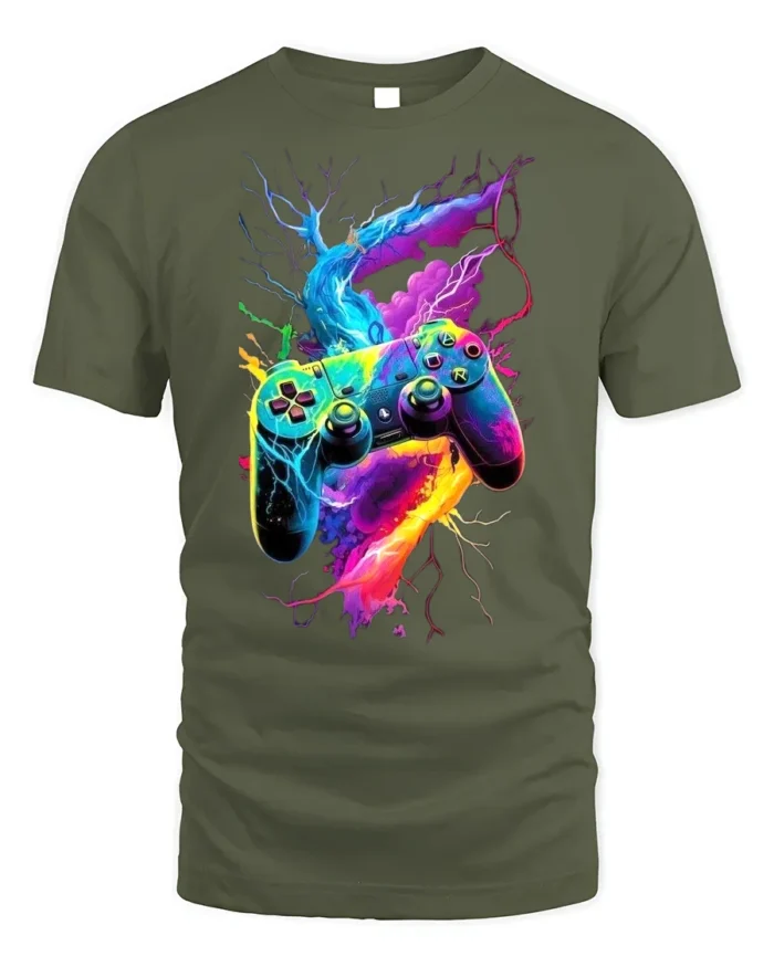 Electric Gamer T-Shirt Neon Controller Power Tee - military green t-shirt on white background