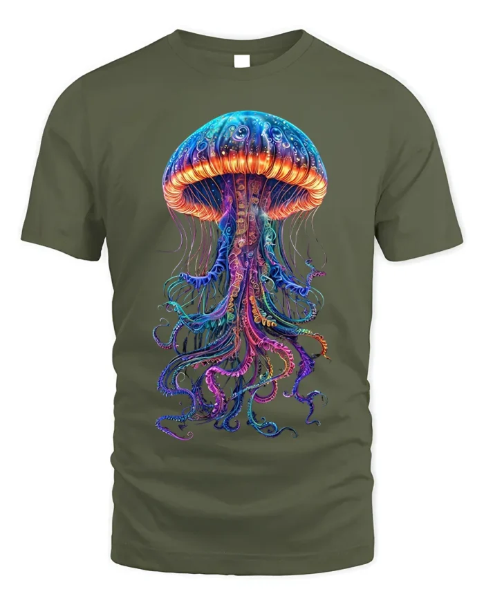 Neon Jellyfish T-Shirt Deep Sea Glow Graphic Tee - military green t-shirt on white background