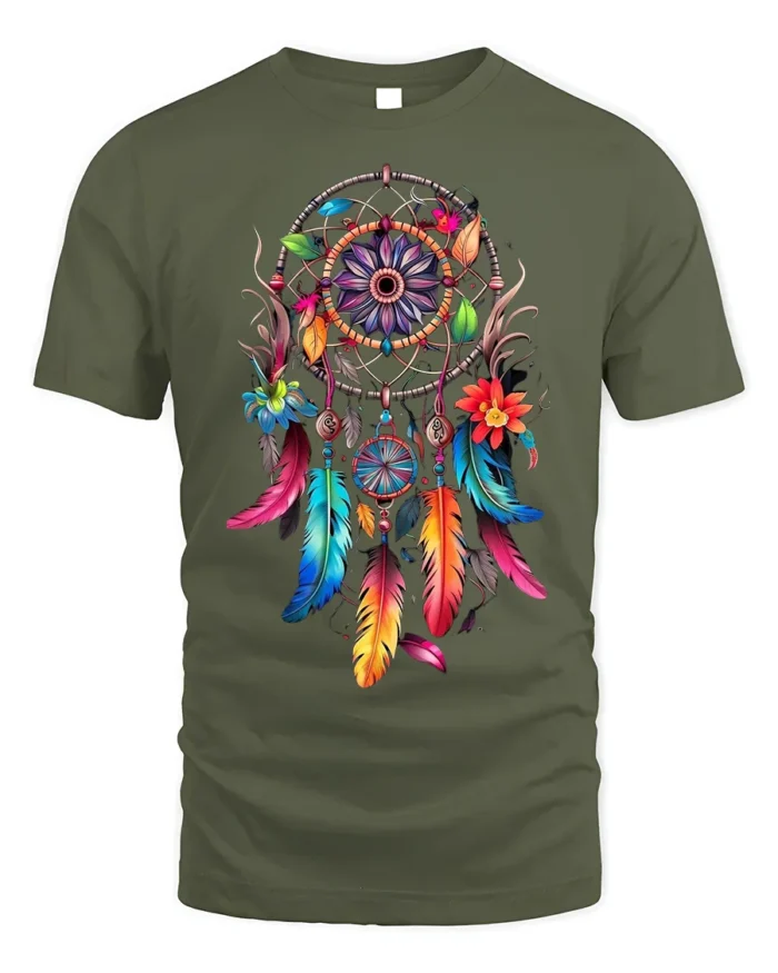Boho Dreamcatcher T-Shirt Vibrant Native-Inspired Tee - military green t-shirt on white background