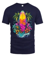 Tropical Surfboard T-Shirt Vibrant Beach Vibes Tee - navy t-shirt on white background