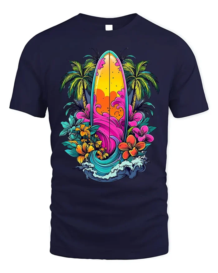 Tropical Surfboard T-Shirt Vibrant Beach Vibes Tee - navy t-shirt on white background
