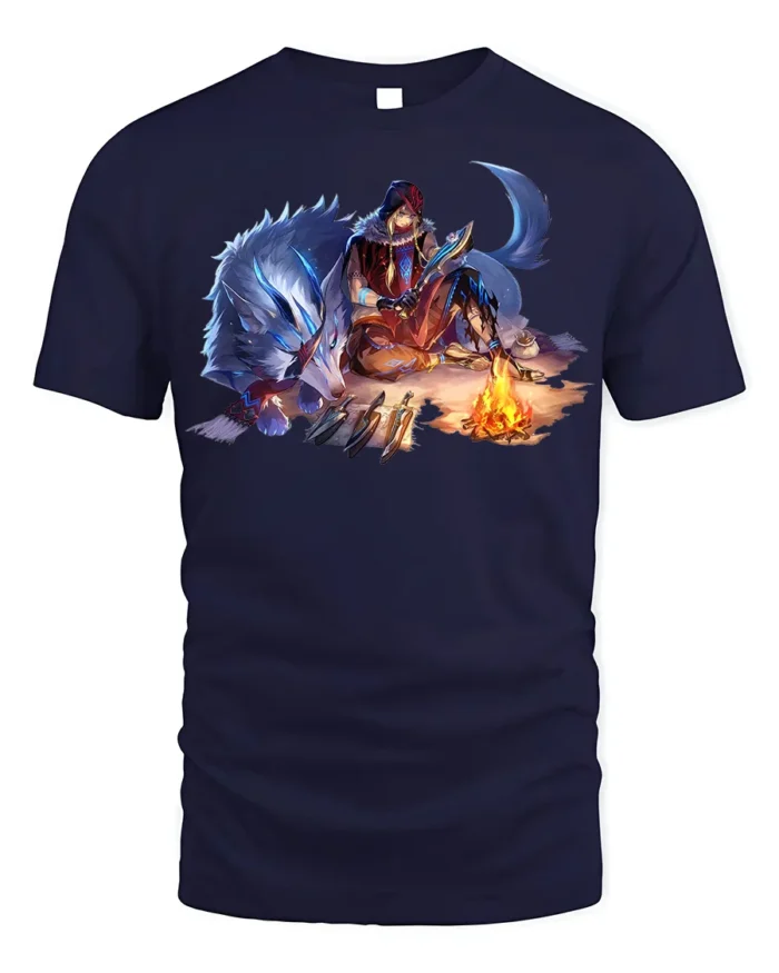 Fantasy Wolf Warrior T-Shirt Tribal Campfire Graphic Tee - navy t-shirt on white background