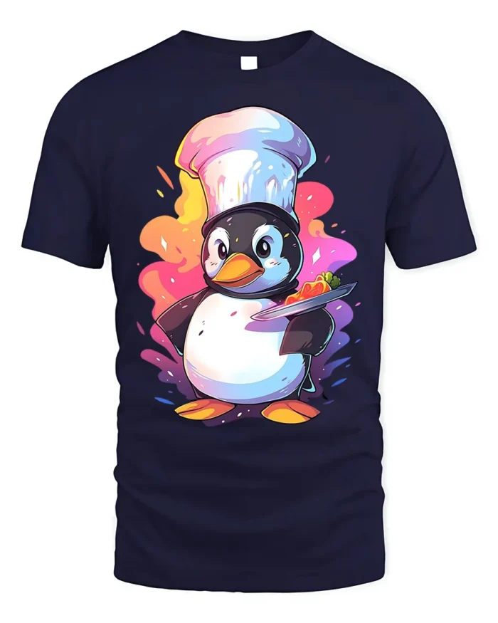 Cute Chef Penguin T-Shirt Funny Cooking Graphic Tee - navy t-shirt on white background
