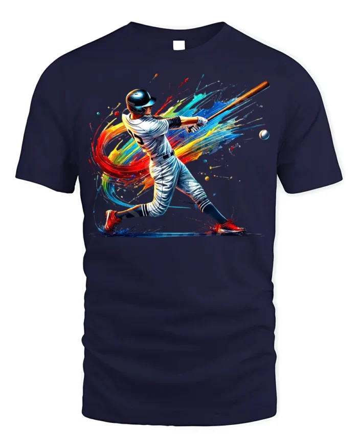 Colorful Baseball Swing T-Shirt Athletic Sports Tee - navy t-shirt on white background