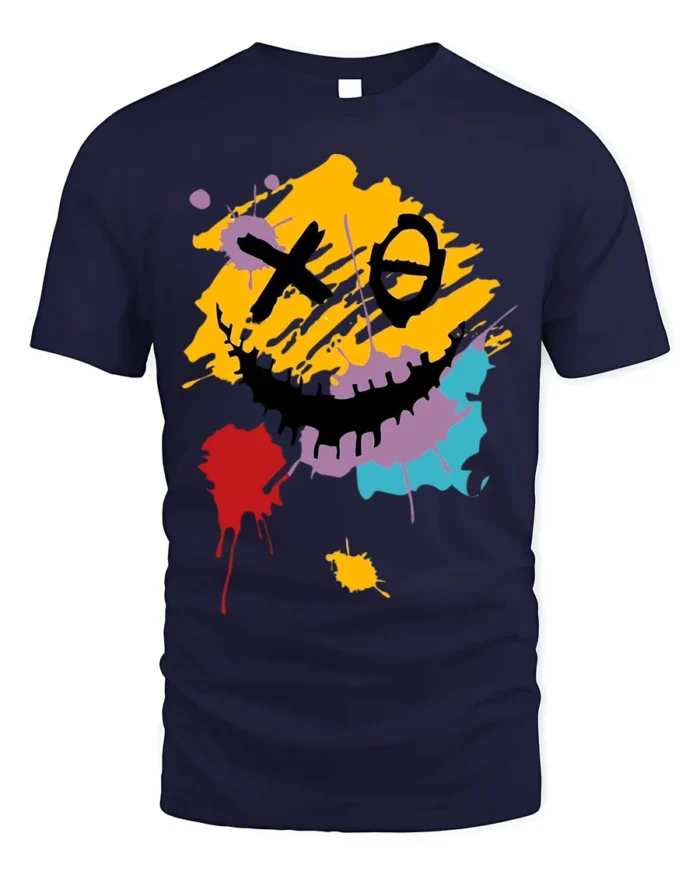 Abstract Smiley Face T-Shirt Color Splash Streetwear Tee - navy t-shirt on white background