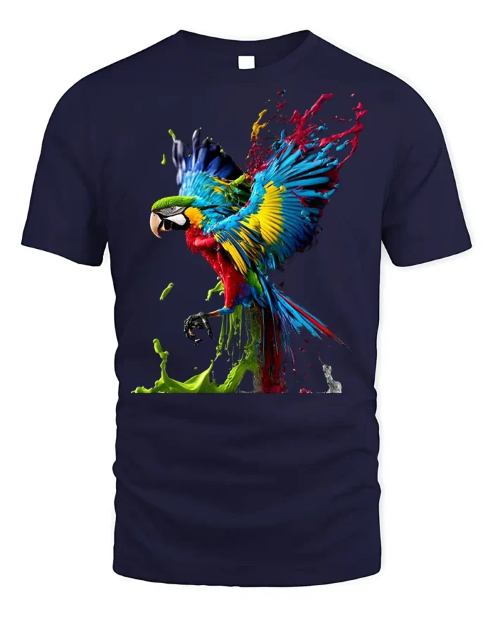 Color Splash Parrot T-Shirt Artistic Tropical Bird Tee - navy t-shirt on white background