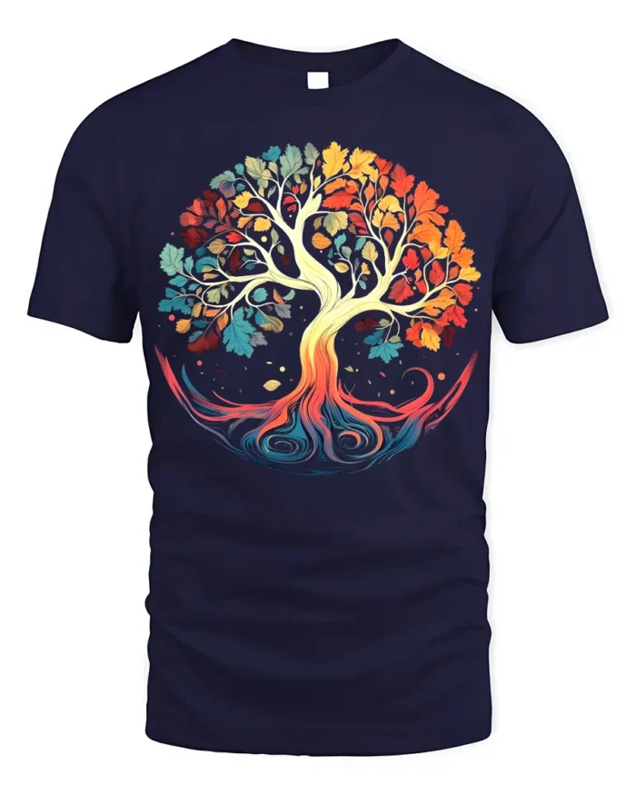 Colorful Tree of Life T-Shirt Vibrant Nature Graphic Tee - navy t-shirt on white background