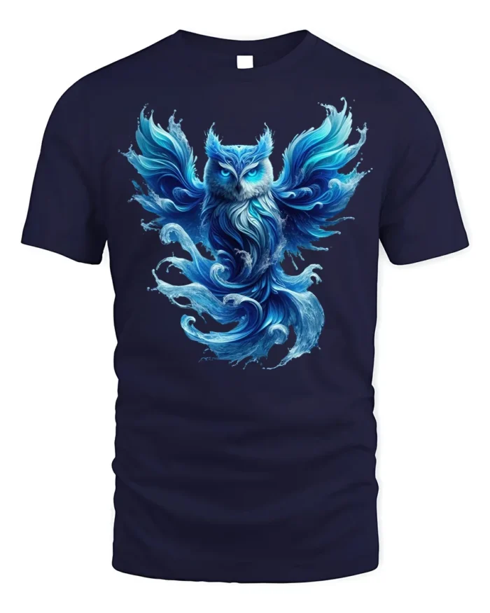 Mystical Blue Owl T-Shirt Fantasy Animal Graphic Tee - navy t-shirt on white background