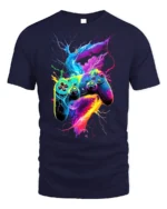 Electric Gamer T-Shirt Neon Controller Power Tee - navy t-shirt on white background
