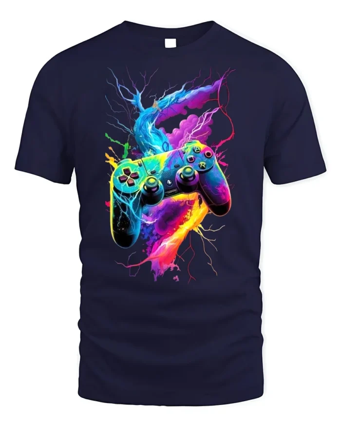 Electric Gamer T-Shirt Neon Controller Power Tee - navy t-shirt on white background