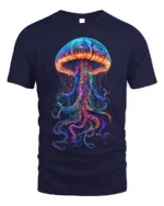 Neon Jellyfish T-Shirt Deep Sea Glow Graphic Tee - navy t-shirt on white background