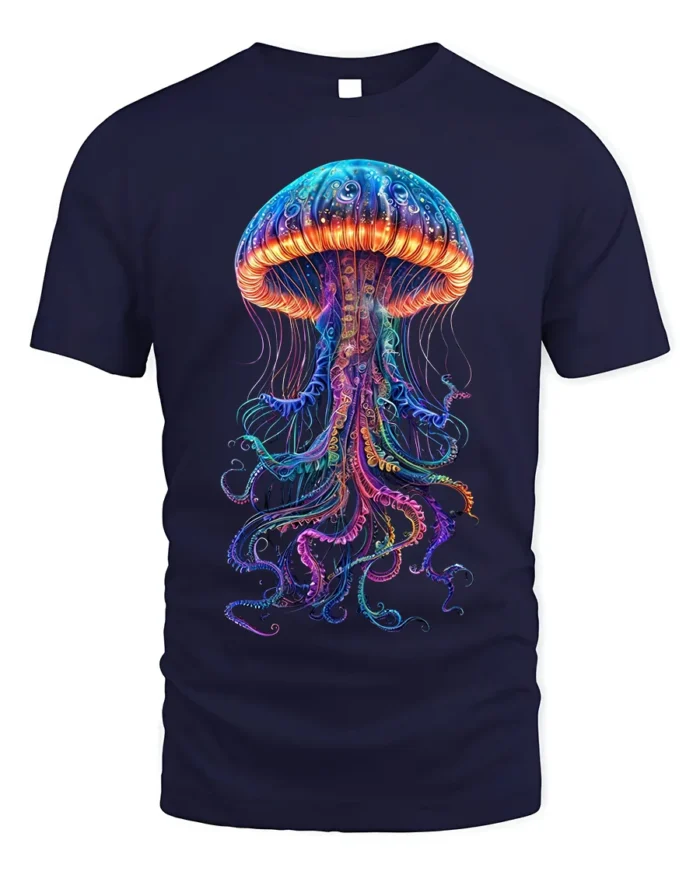 Neon Jellyfish T-Shirt Deep Sea Glow Graphic Tee - navy t-shirt on white background