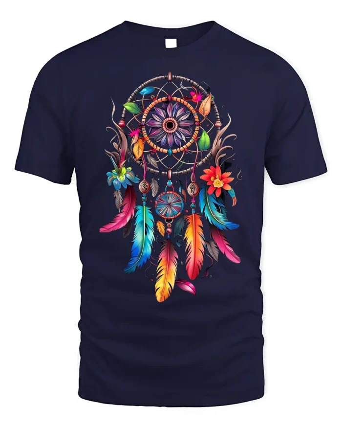 Boho Dreamcatcher T-Shirt Vibrant Native-Inspired Tee - navy t-shirt on white background