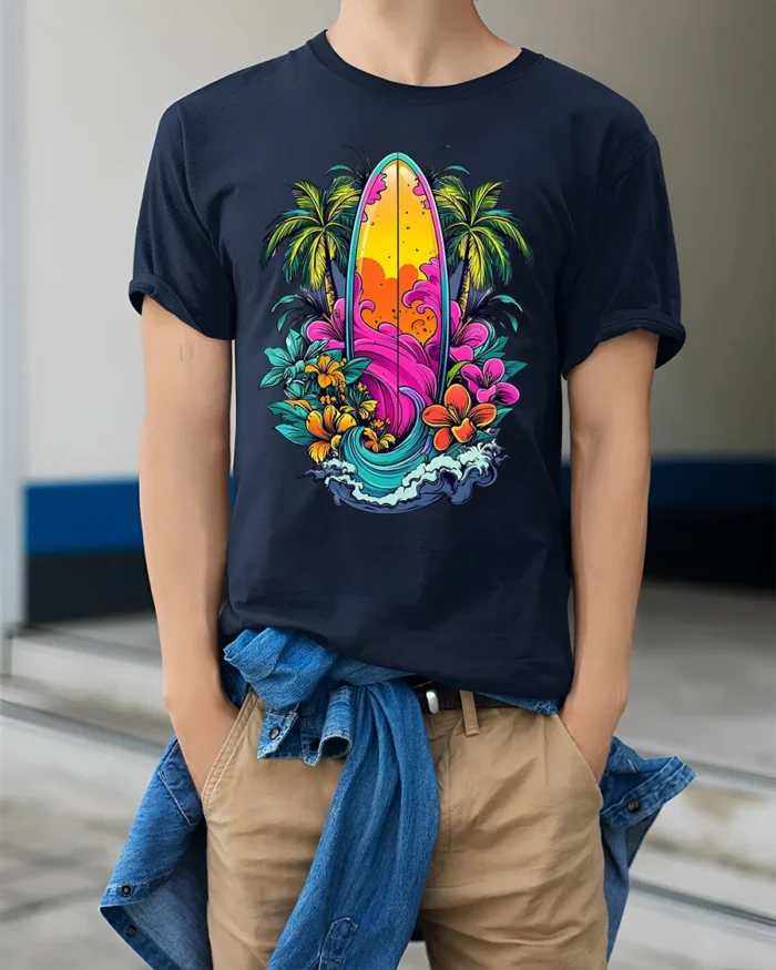 Tropical Surfboard T-Shirt Vibrant Beach Vibes Tee - model wearing navy shirt, hands in pockets