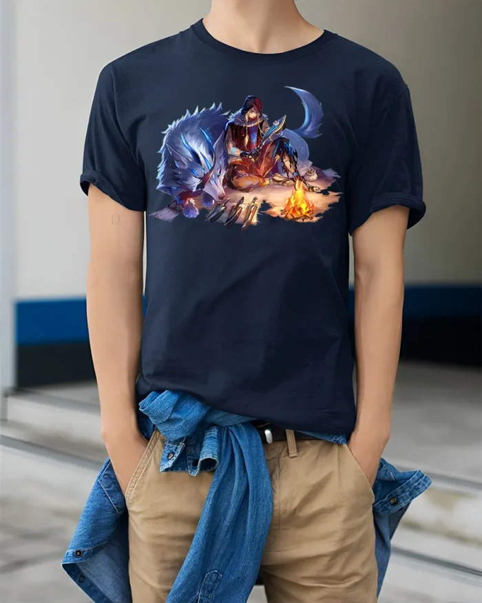 Fantasy Wolf Warrior T-Shirt Tribal Campfire Graphic Tee - model wearing navy shirt, hands in pockets