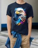 Patriotic Eagle T-Shirt USA Pride Tee in Vibrant Colors - model wearing navy shirt, hands in pockets