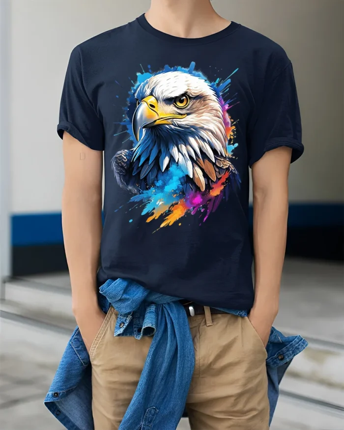 Patriotic Eagle T-Shirt USA Pride Tee in Vibrant Colors - model wearing navy shirt, hands in pockets