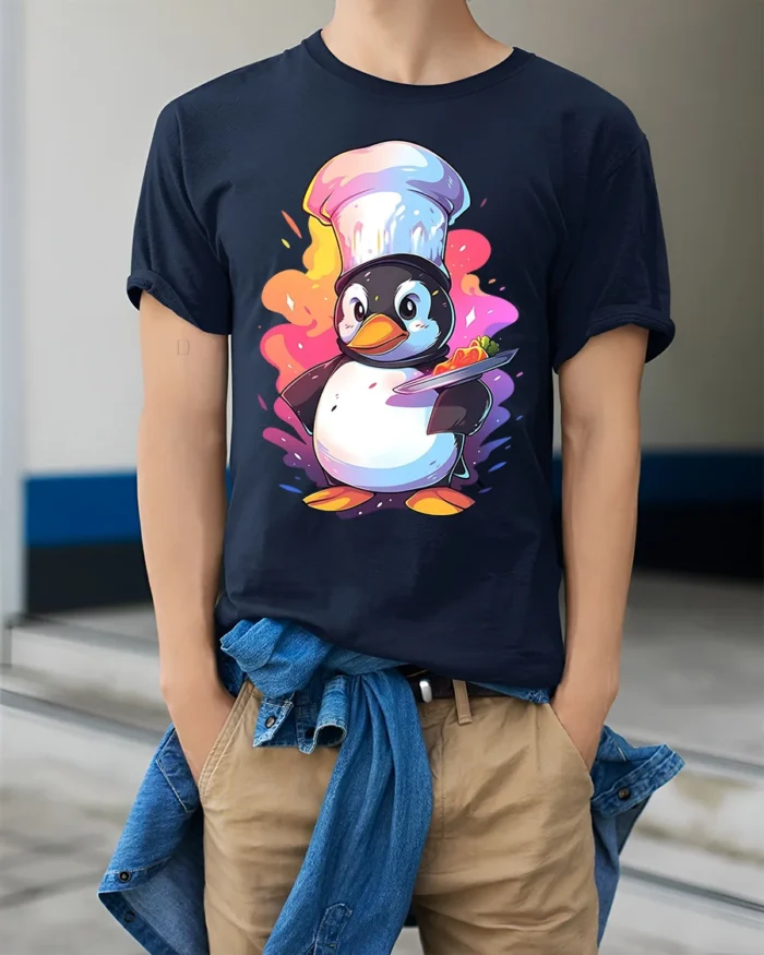 Cute Chef Penguin T-Shirt Funny Cooking Graphic Tee - model wearing navy shirt, hands in pockets