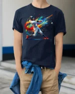 Colorful Baseball Swing T-Shirt Athletic Sports Tee - model wearing navy shirt, hands in pockets
