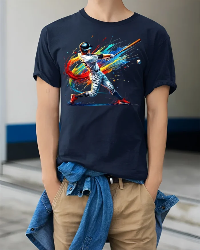 Colorful Baseball Swing T-Shirt Athletic Sports Tee - model wearing navy shirt, hands in pockets