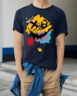 Abstract Smiley Face T-Shirt Color Splash Streetwear Tee - model wearing navy shirt, hands in pockets
