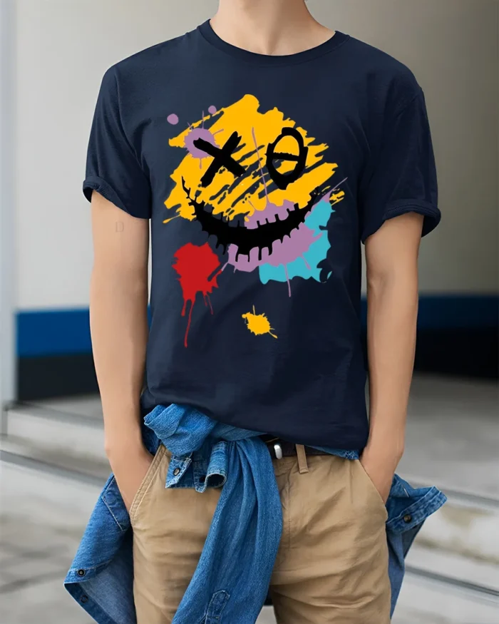 Abstract Smiley Face T-Shirt Color Splash Streetwear Tee - model wearing navy shirt, hands in pockets