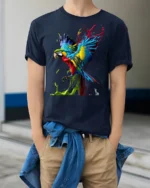 Color Splash Parrot T-Shirt Artistic Tropical Bird Tee - model wearing navy shirt, hands in pockets