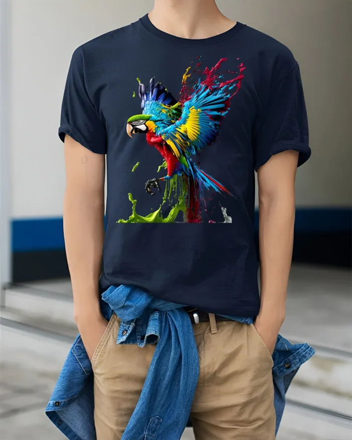 Color Splash Parrot T-Shirt Artistic Tropical Bird Tee - model wearing navy shirt, hands in pockets