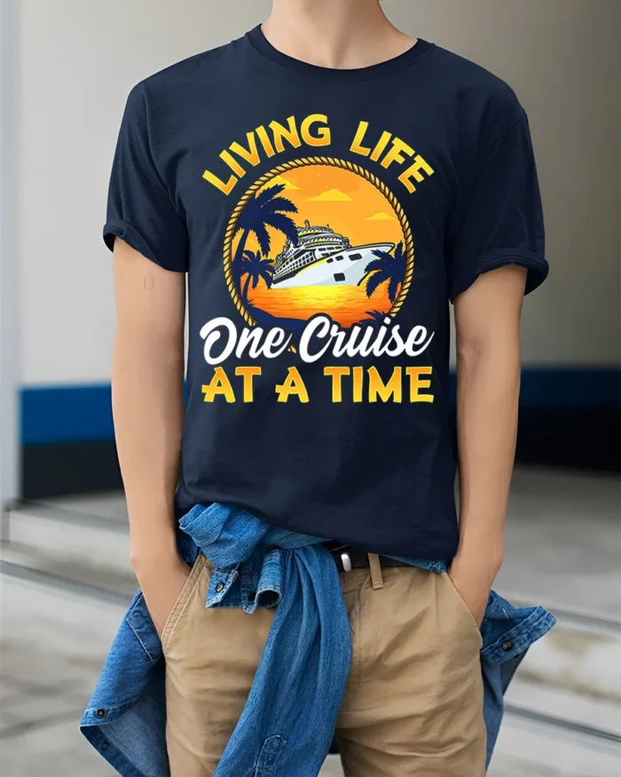Cruise Life T-Shirt Living Life One Cruise at a Time Tee - model wearing navy shirt, hands in pockets