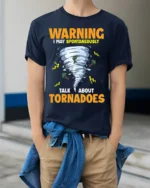 Storm Chaser Humor T-Shirt Tornado Enthusiast Graphic Tee - model wearing navy shirt, hands in pockets