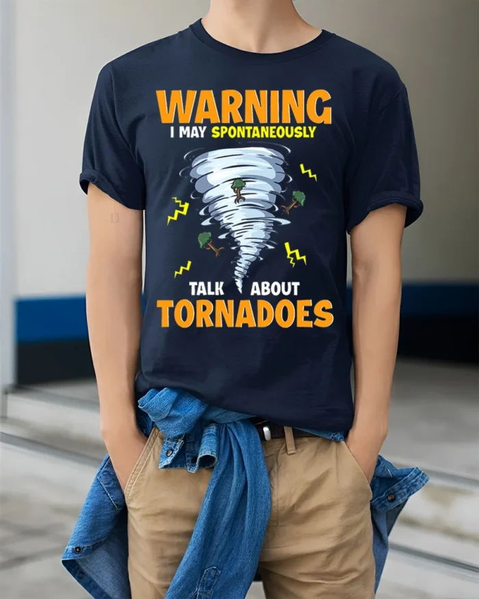 Storm Chaser Humor T-Shirt Tornado Enthusiast Graphic Tee - model wearing navy shirt, hands in pockets