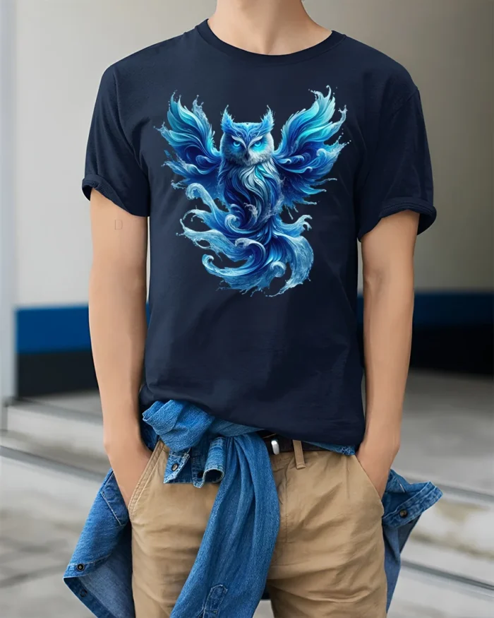 Mystical Blue Owl T-Shirt Fantasy Animal Graphic Tee - model wearing navy shirt, hands in pockets
