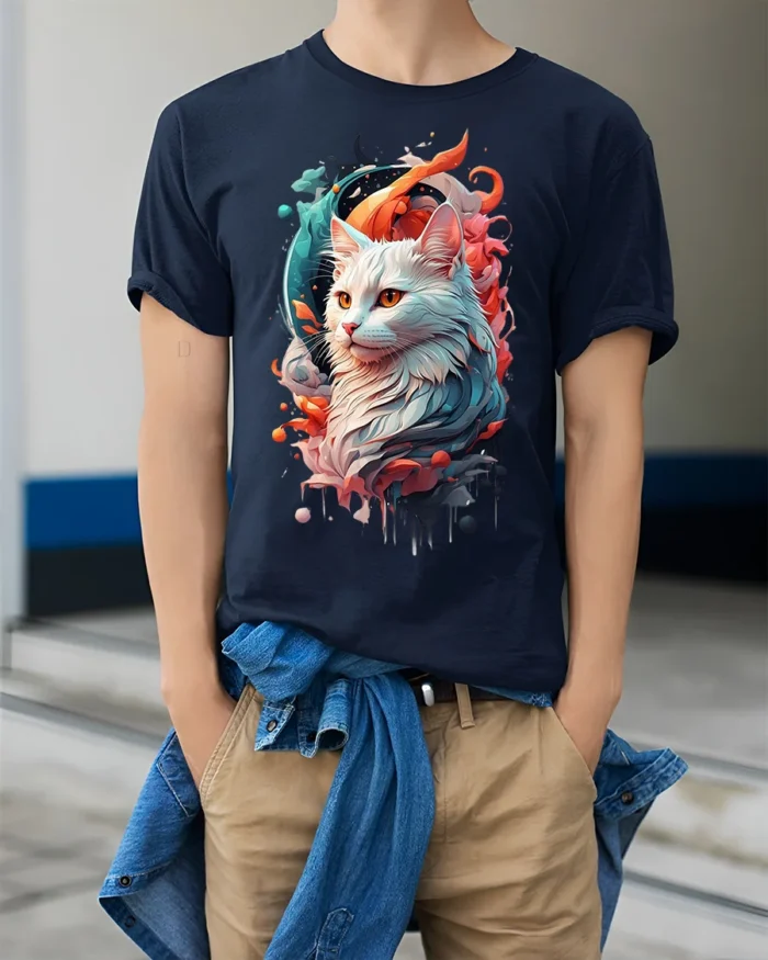 Majestic Cat T-Shirt Vibrant Artistic Pet Lover Tee - model wearing navy shirt, hands in pockets