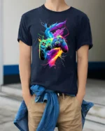 Electric Gamer T-Shirt Neon Controller Power Tee - model wearing navy shirt, hands in pockets