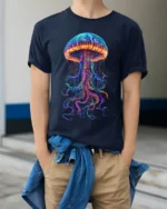 Neon Jellyfish T-Shirt Deep Sea Glow Graphic Tee - model wearing navy shirt, hands in pockets