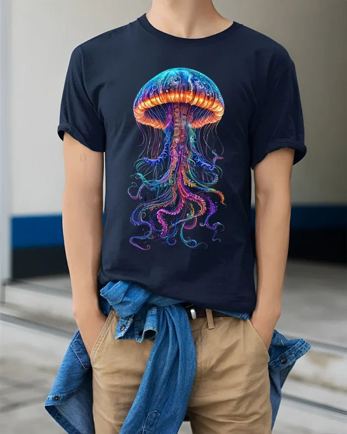 Neon Jellyfish T-Shirt Deep Sea Glow Graphic Tee - model wearing navy shirt, hands in pockets