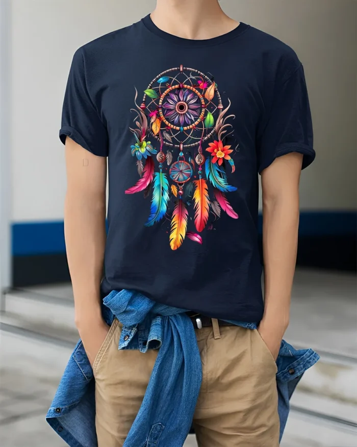 Boho Dreamcatcher T-Shirt Vibrant Native-Inspired Tee - model wearing navy shirt, hands in pockets