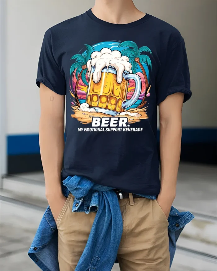 Beer Support T-Shirt Funny Beach Booze Graphic Tee - model wearing navy shirt, hands in pockets