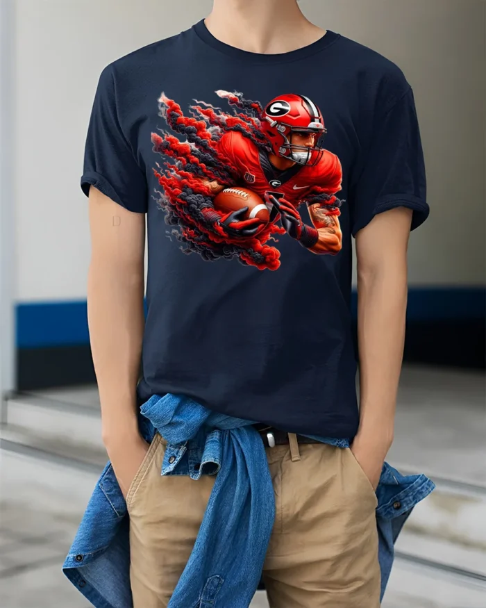 Georgia Football T-Shirt Fiery Red Game Day Graphic Tee - model wearing navy shirt, hands in pockets