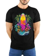 Tropical Surfboard T-Shirt Vibrant Beach Vibes Tee - model wearing black shirt, hands behind back