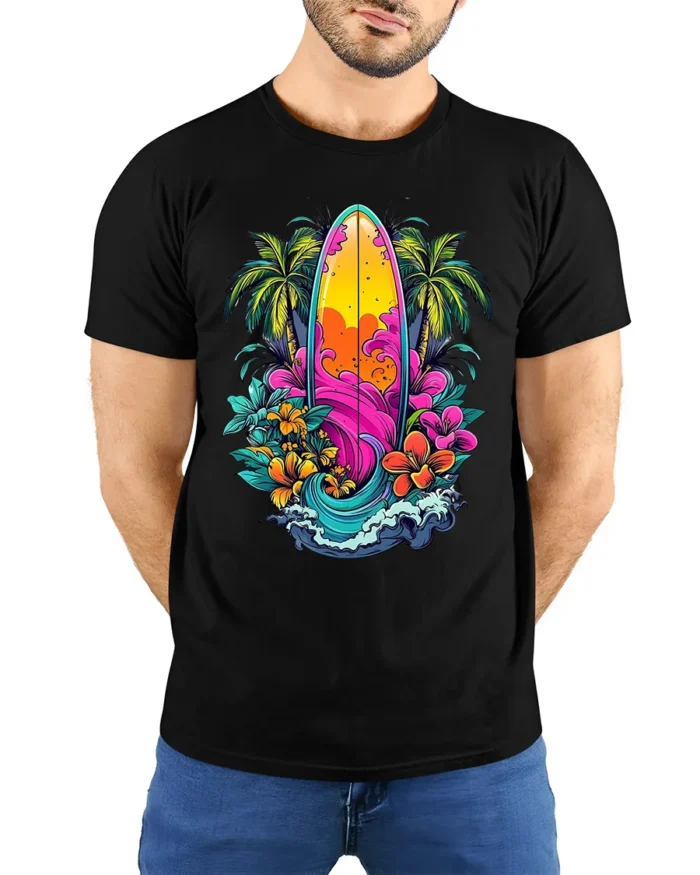 Tropical Surfboard T-Shirt Vibrant Beach Vibes Tee - model wearing black shirt, hands behind back