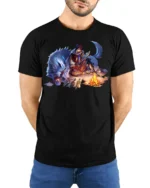 Fantasy Wolf Warrior T-Shirt Tribal Campfire Graphic Tee - model wearing black shirt, hands behind back