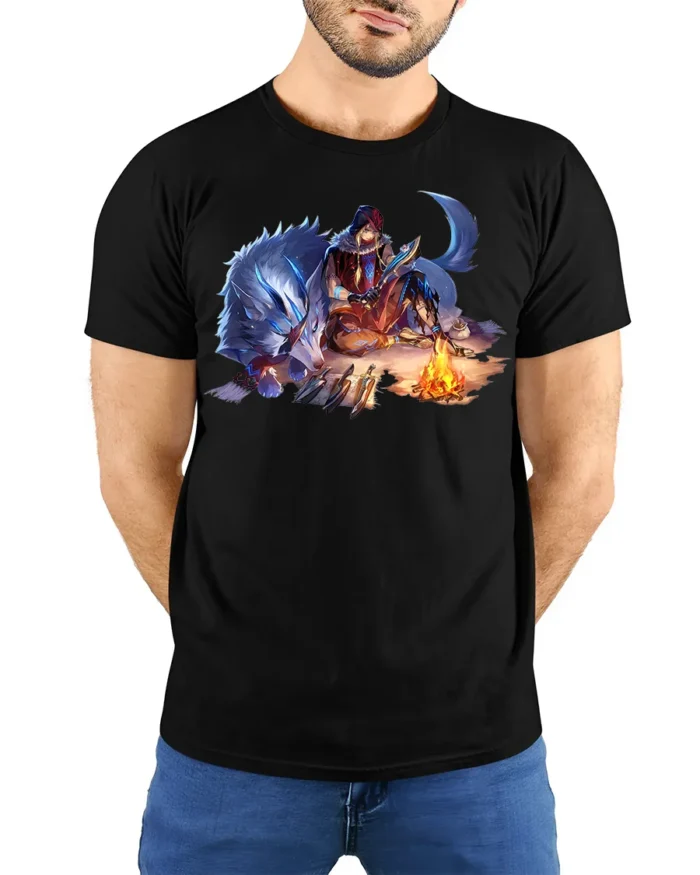 Fantasy Wolf Warrior T-Shirt Tribal Campfire Graphic Tee - model wearing black shirt, hands behind back