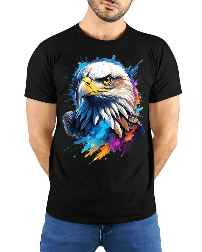 Patriotic Eagle T-Shirt USA Pride Tee in Vibrant Colors - model wearing black shirt, hands behind back