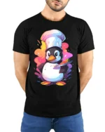 Cute Chef Penguin T-Shirt Funny Cooking Graphic Tee - model wearing black shirt, hands behind back