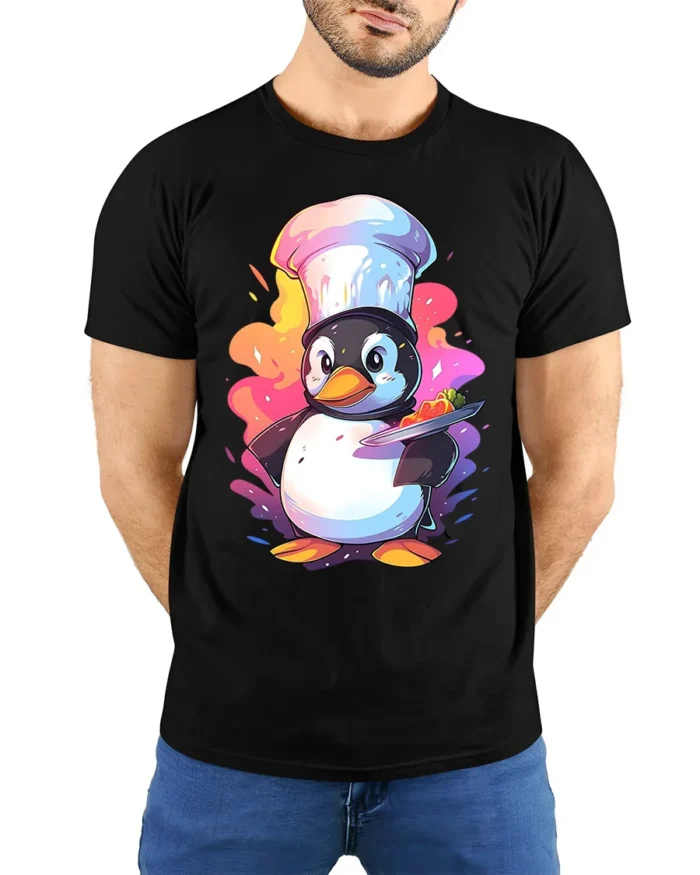 Cute Chef Penguin T-Shirt Funny Cooking Graphic Tee - model wearing black shirt, hands behind back