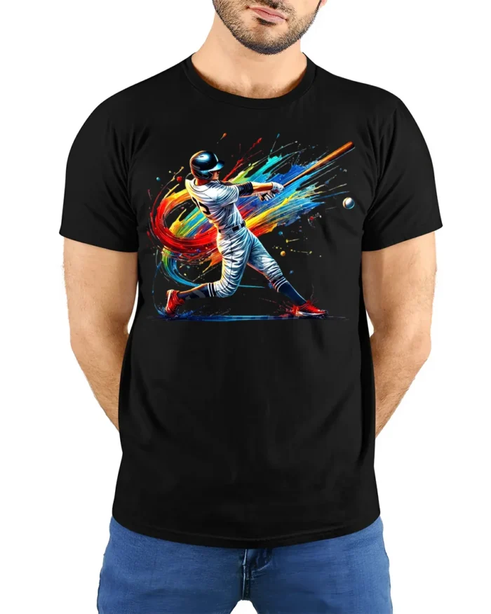 Colorful Baseball Swing T-Shirt Athletic Sports Tee - model wearing black shirt, hands behind back