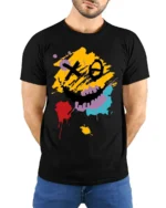 Abstract Smiley Face T-Shirt Color Splash Streetwear Tee - model wearing black shirt, hands behind back