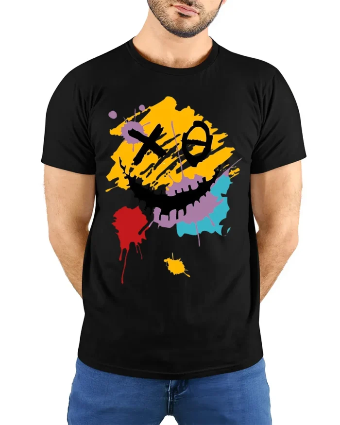 Abstract Smiley Face T-Shirt Color Splash Streetwear Tee - model wearing black shirt, hands behind back