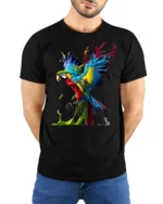 Color Splash Parrot T-Shirt Artistic Tropical Bird Tee - model wearing black shirt, hands behind back